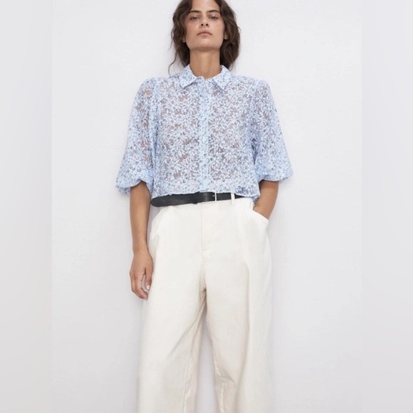 Zara Floral Blue Organza Puff Sleeve Sheer Cropped Blouse Size XS - Picture 4 of 16